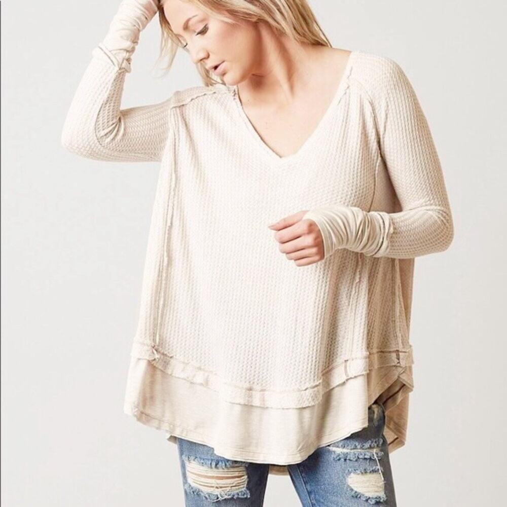 Free People We The Free Cream Waffle Knit Thermal Swing Top M Comfy Cozy Cabin